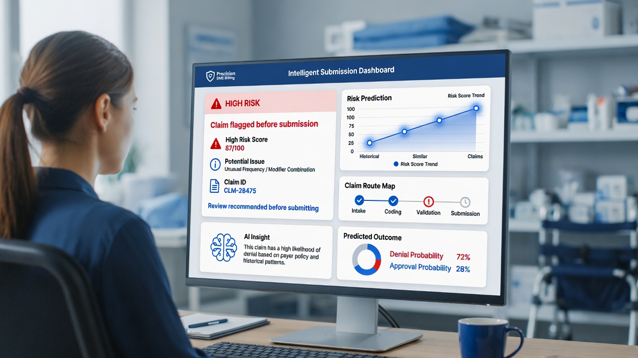 DME billing specialist reviewing an AI claim-risk dashboard