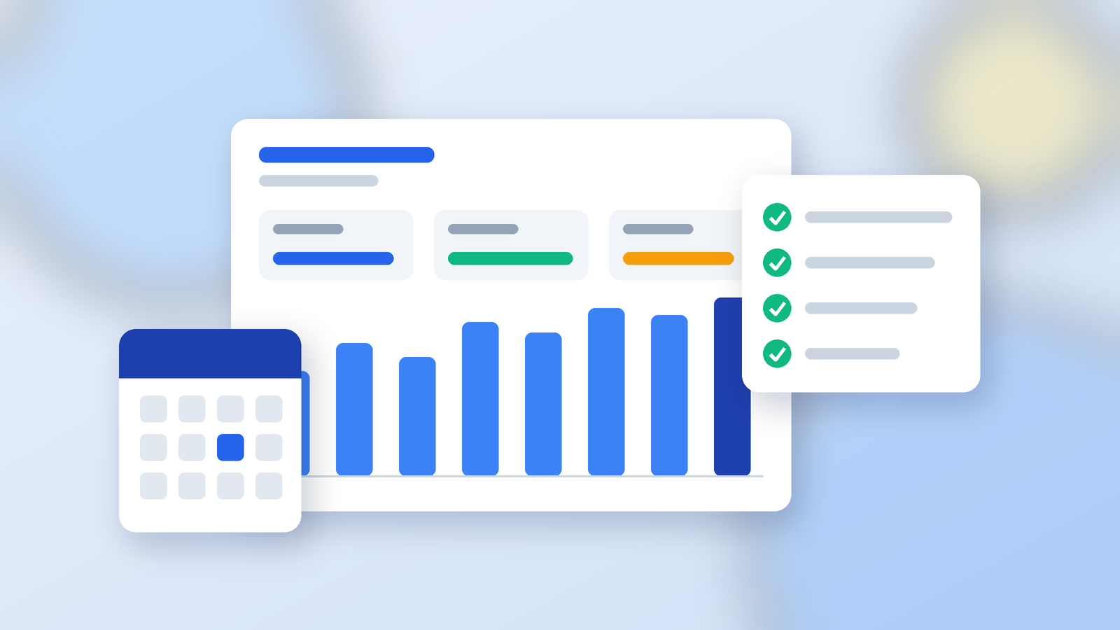 Illustration of a QBR dashboard with KPI bars, a delivery calendar, and a completed checklist